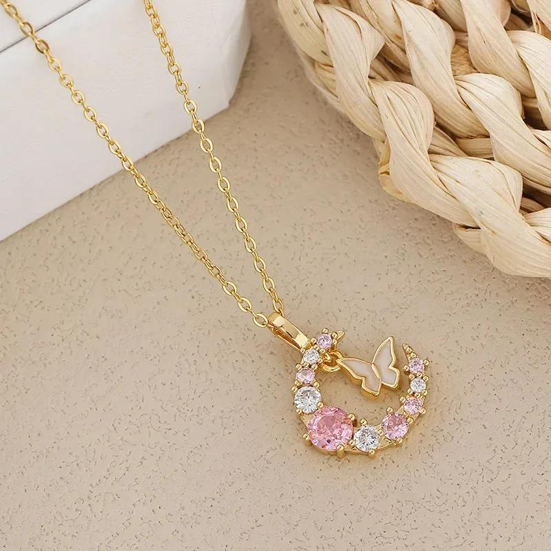 New Korean Fashion Butterfly Moon 2025 Necklace Women's Stainless Steel Cute Collar Chain High End Elegant  Girls Gift