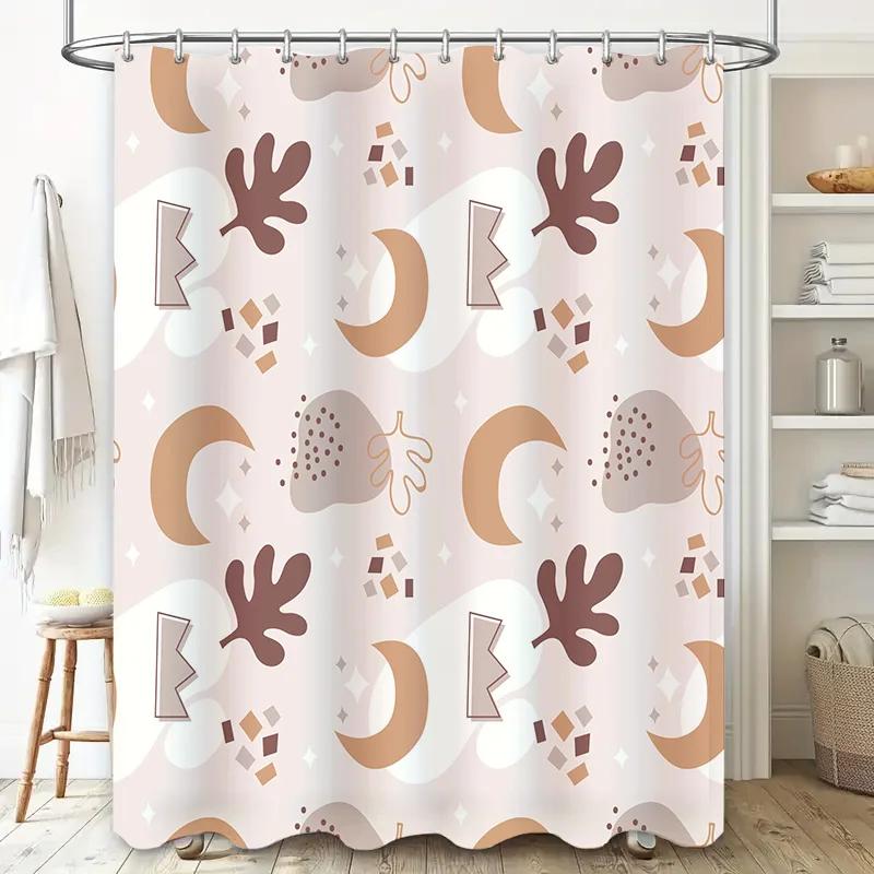 Modern Bathroom DecorStylish Abstract Print Shower Curtain in Soft Beige Palette with Moon Stars Design for Home Decoration Wa