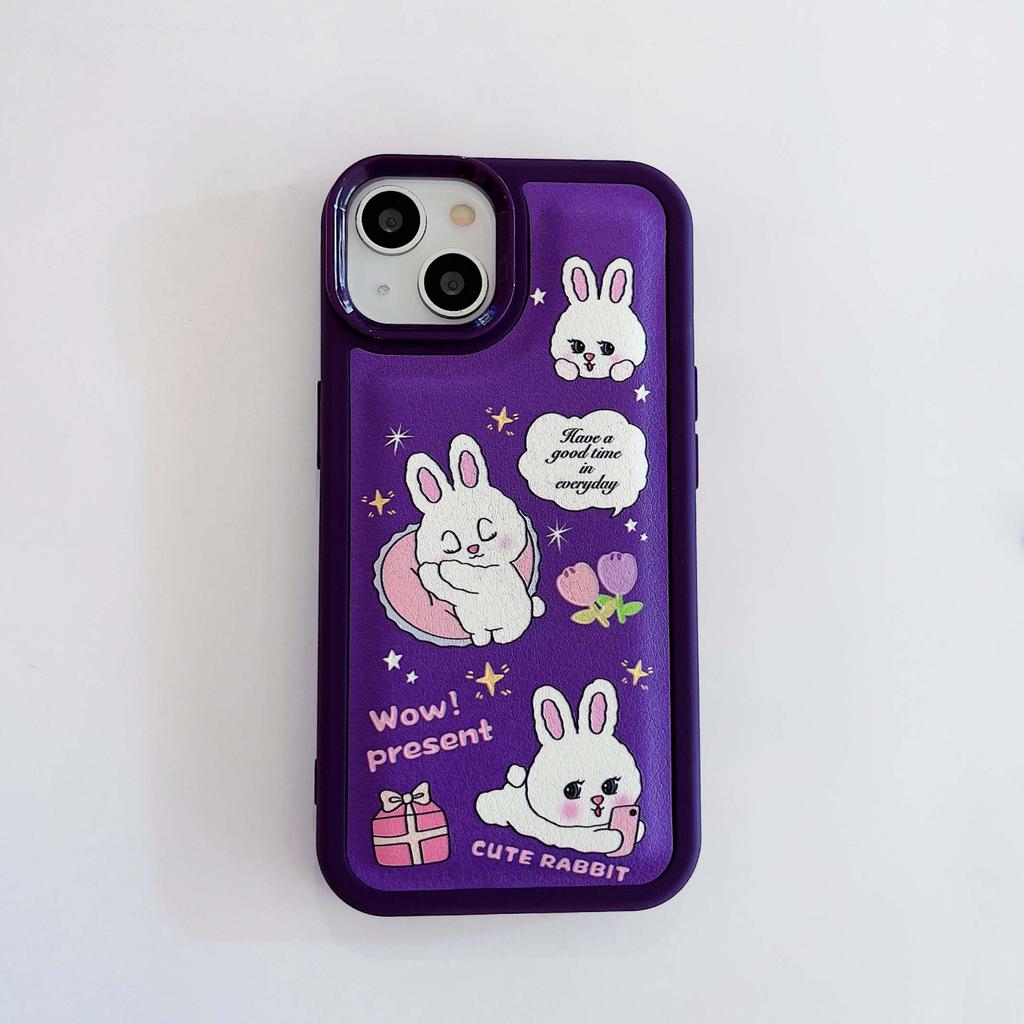 Ins Rabbit Purple Bunny Cartoon Leather Silicone Soft Cute Phone Case For Iphone 11 12 13promax 14 Pro Max Plus Xsmax X Xr Cover