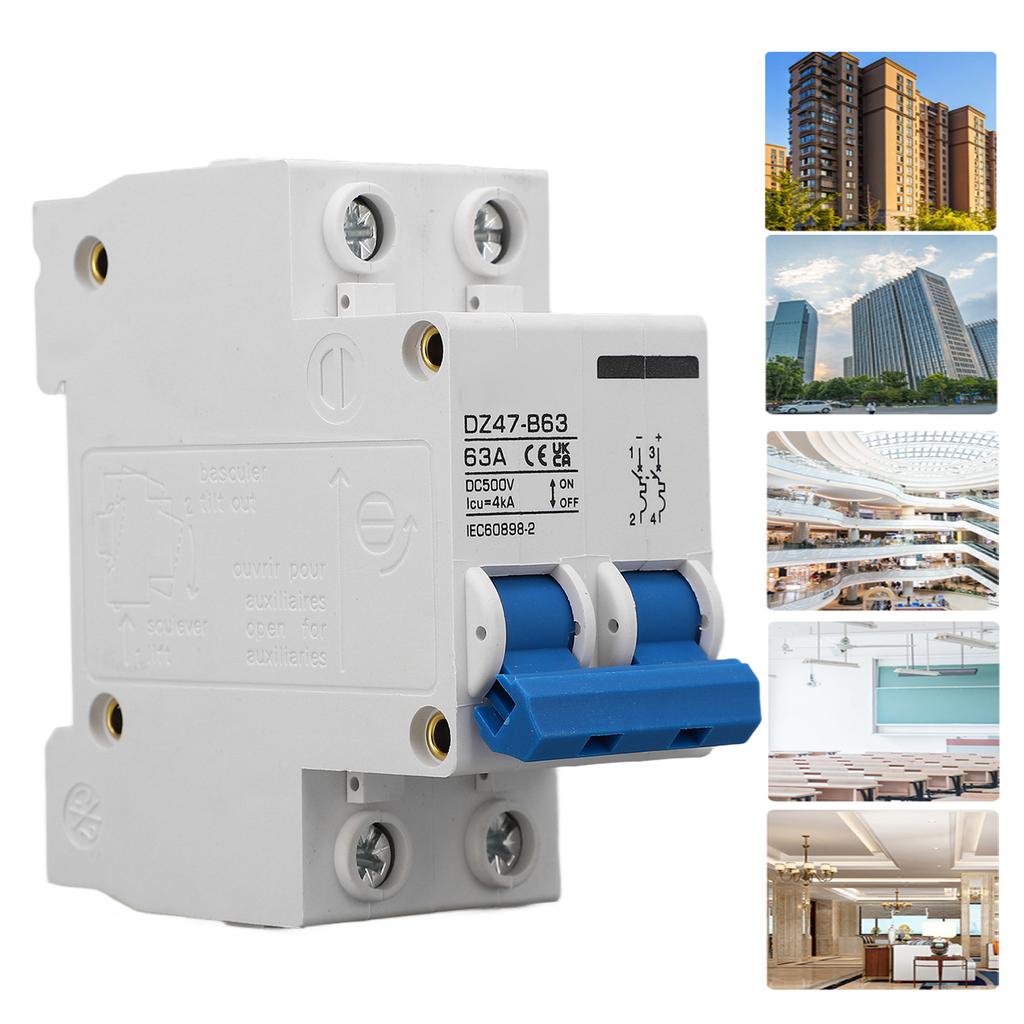 2P Circuit Breaker DC 500V MCB 63A Protection Switch 4000A Breaking Capacity for Home Type B