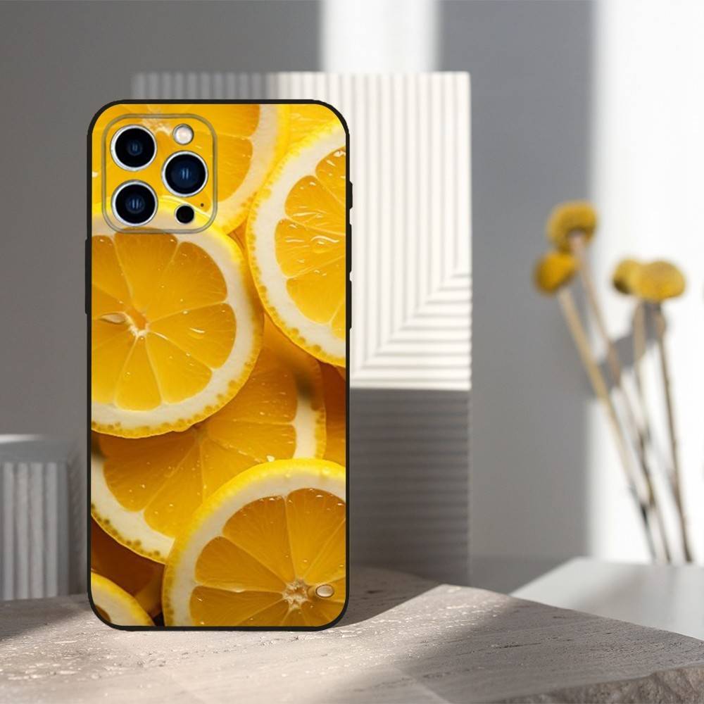 Fruit Art lemon Phone Case For iPhone 15,14,13,17,16,12,11,Plus,Pro Max,XS,X,Mini,8,7,XR,SE,Soft Silicone Black