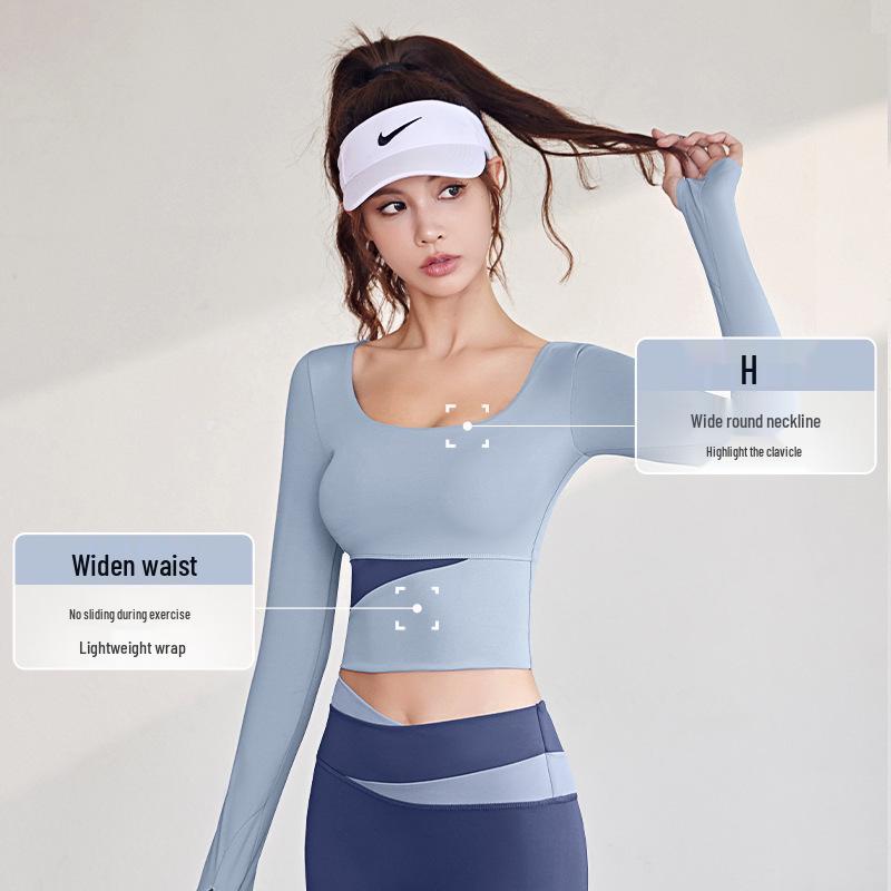 Damen Frühling Colorblock Yoga Set - Nude Feeling Enges Top & Langarm, Brustpolster, Modehose zum Laufen und für Fitness