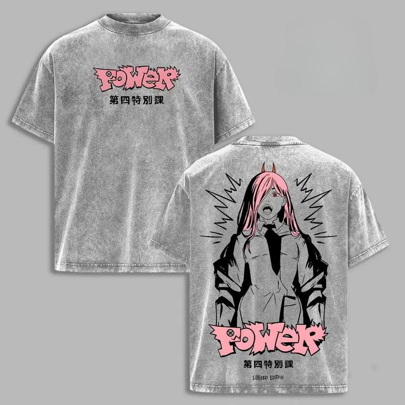 

Anime Chainsaw Man Power Graphic T Shirt Men Women Oversized Clothing Casual Cotton Tshirt Vintage Washed T-shirt Harajuku Tops S серый