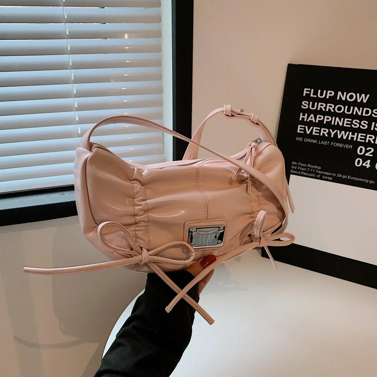 

Твердые сумки-хобо из искусственной кожи для женщин, модные сумки через плечо с бантом, новые плиссированные сумки-шнурки на молнии, универсальные