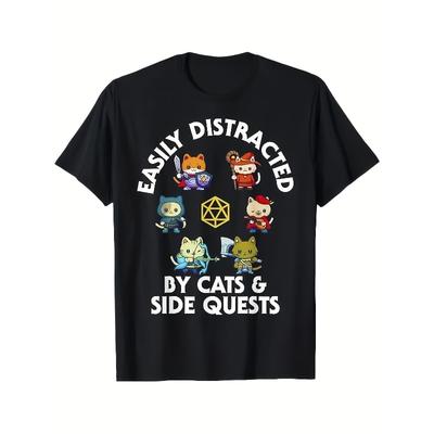 European Sizes Men's RPG D20 Dice & Cat Tabletop Gaming T-Shirt - Loose Fit Retro D&D Inspired Tee with D20 Die, Wizard