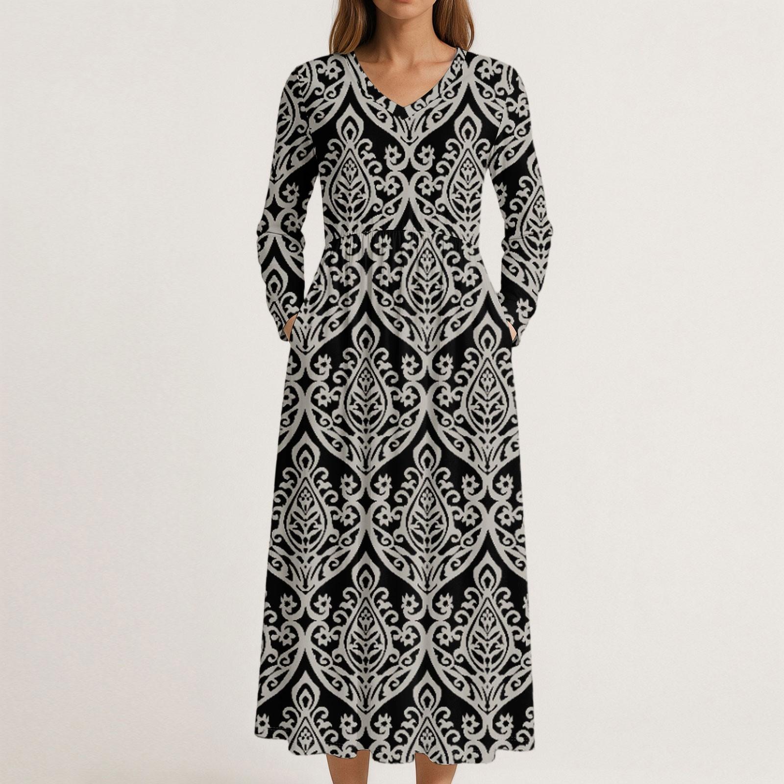 

Dress For Women Long Boho Beach Dress Elegant Maxi Dress V-Neck Long Sleeve Dress With Pockets L