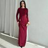 2025 European/American Bodycon Sheath Dress: Solid Color, Long Sleeve, Round Neck, Button & Pleated Details