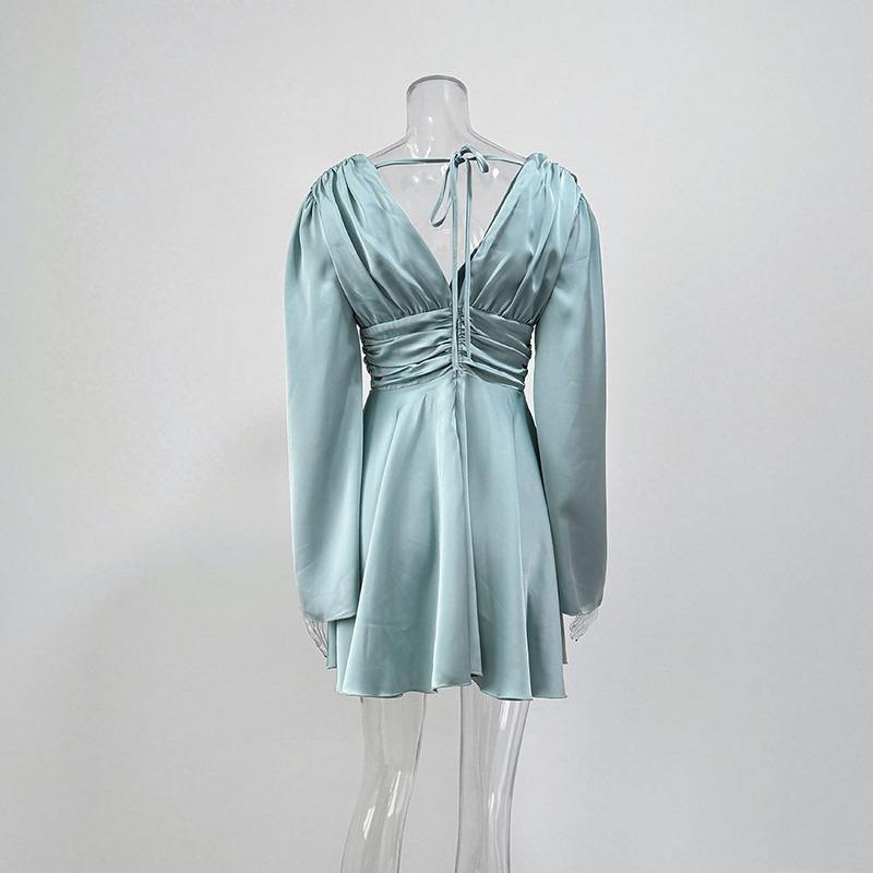 Evropský a americký styl Party Francouzský satén Zvonový rukáv Jednobarevné Šaty s dlouhým rukávem Dámské Výstřih do V Pas zdůrazňující Krátké šaty