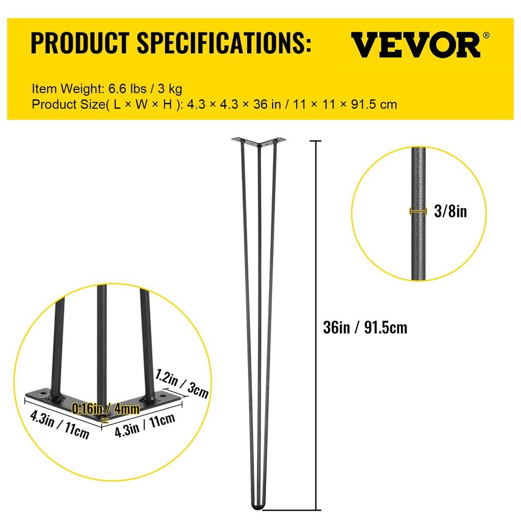 Hairpin Table Legs 36" Black Set of 4 Desk Legs 880lbs Load Capacity (Each 220lbs) Hairpin Desk Legs 3 Rods for Bench Desk Dining End Table Chairs