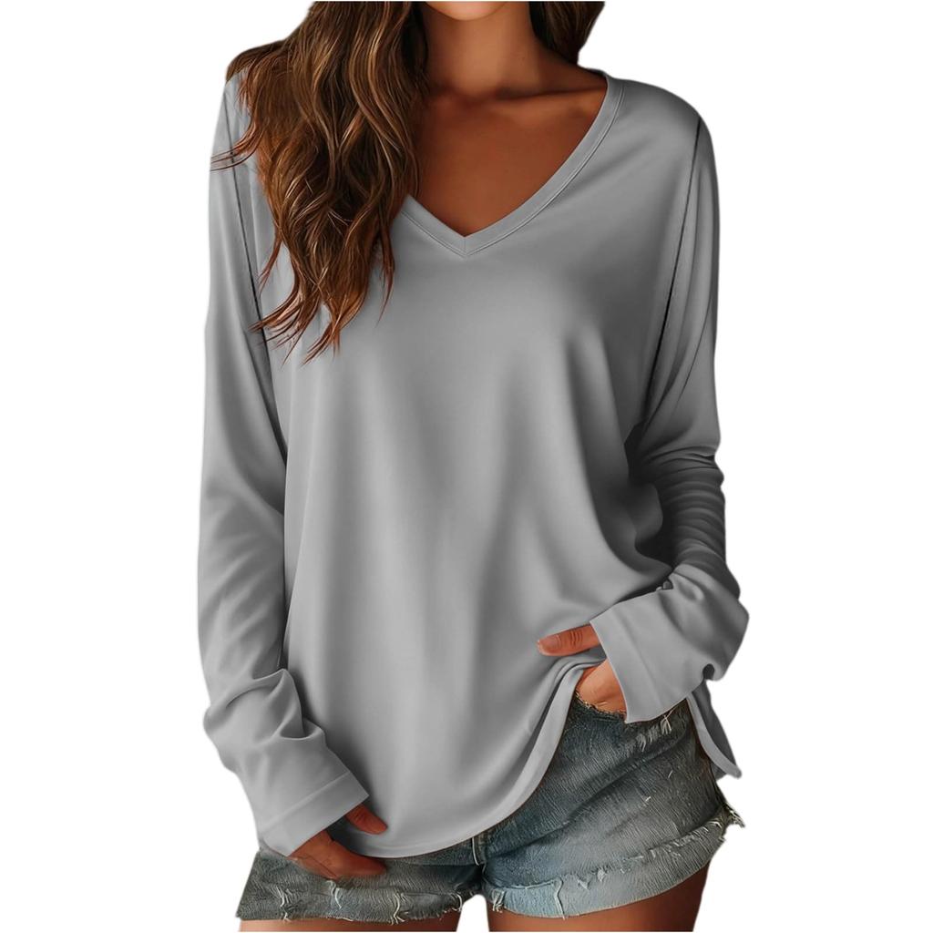 Women's Fashionable Color V Neck Long Sleeved Casual Pullover T,shirt Top