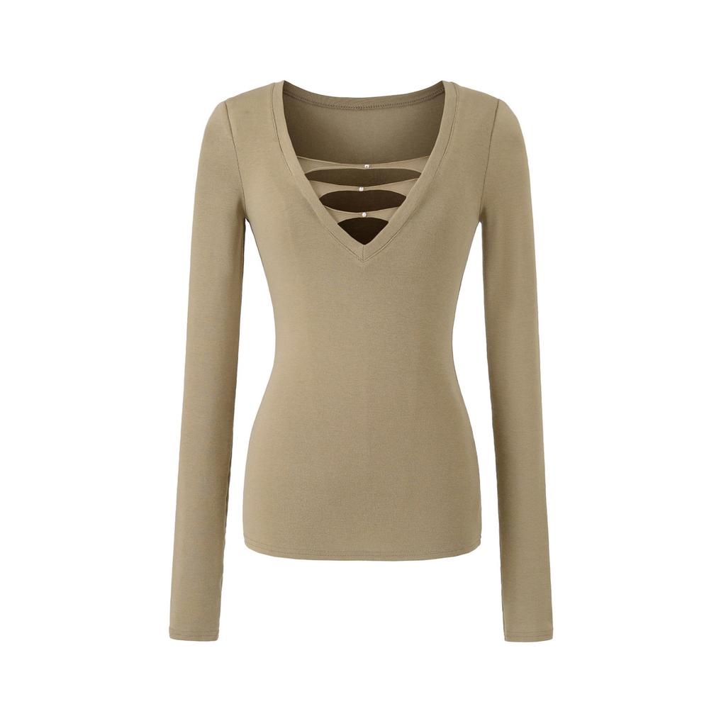 Spicy V-neck Pearl Hollow Long Sleeve Knit T-shirt - Women's Autumn Winter Slim Fit Base Layer