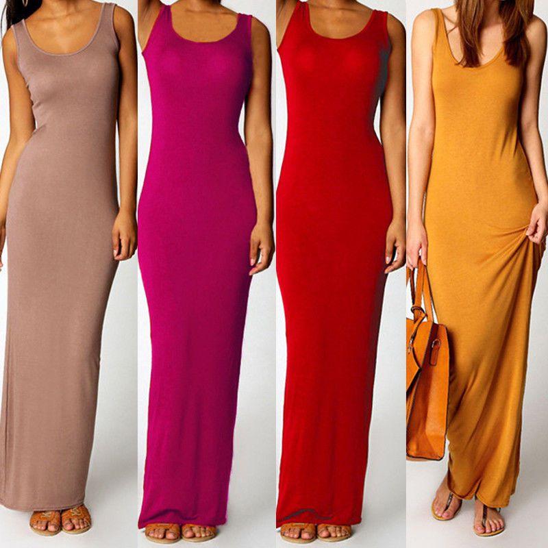 Bodycon Sleeveless Women Maxi Dress Oneck Casual Beach Long Tank Sundress