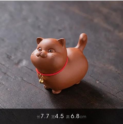 Lucky Bell Cat Tea Pet - Handmade Purple Sand Kitten Statue, Cute Office & Home Decoration, Chinese Style Gift