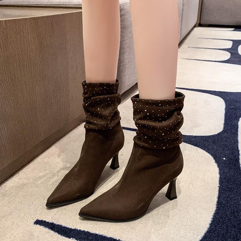 

Мода Новинка Женский Тренд Зима Клепки Ретро Короткие Трубы Роскошные Ботильоны Острый Носок и Телесного Цвета Ботильоны Зеленые Шпильки Элегантные Мотоциклетные Ботинки 39 кофейный