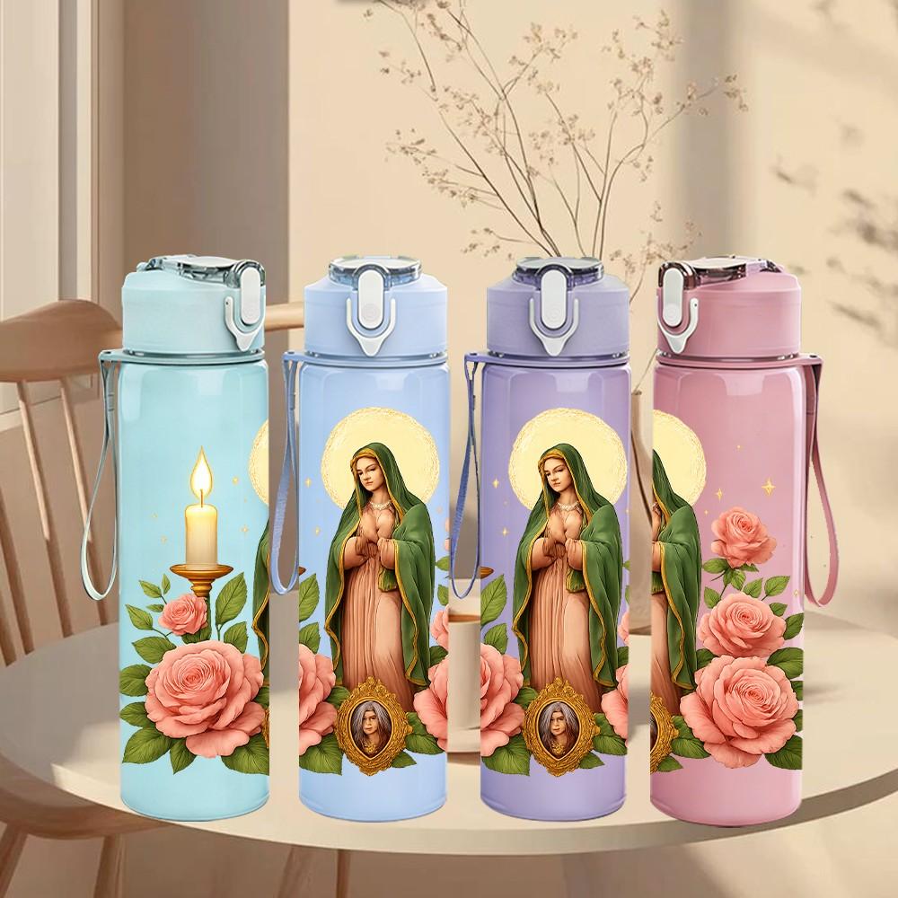 1PC Virgin Mary Rose Candle Art 750ml Color Plastic Sports Water Bottle Leakproof Flip Straw Lid Suitable for Sports Office Home Use