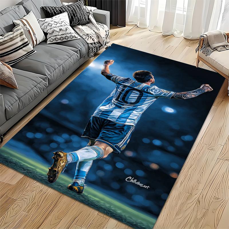 Sports Area Rug, Lionel Messi Argentina Number 10 Back Celebration Arms Raised Blue Stadium Night Print, Fan Decor, Non-Slip Mat