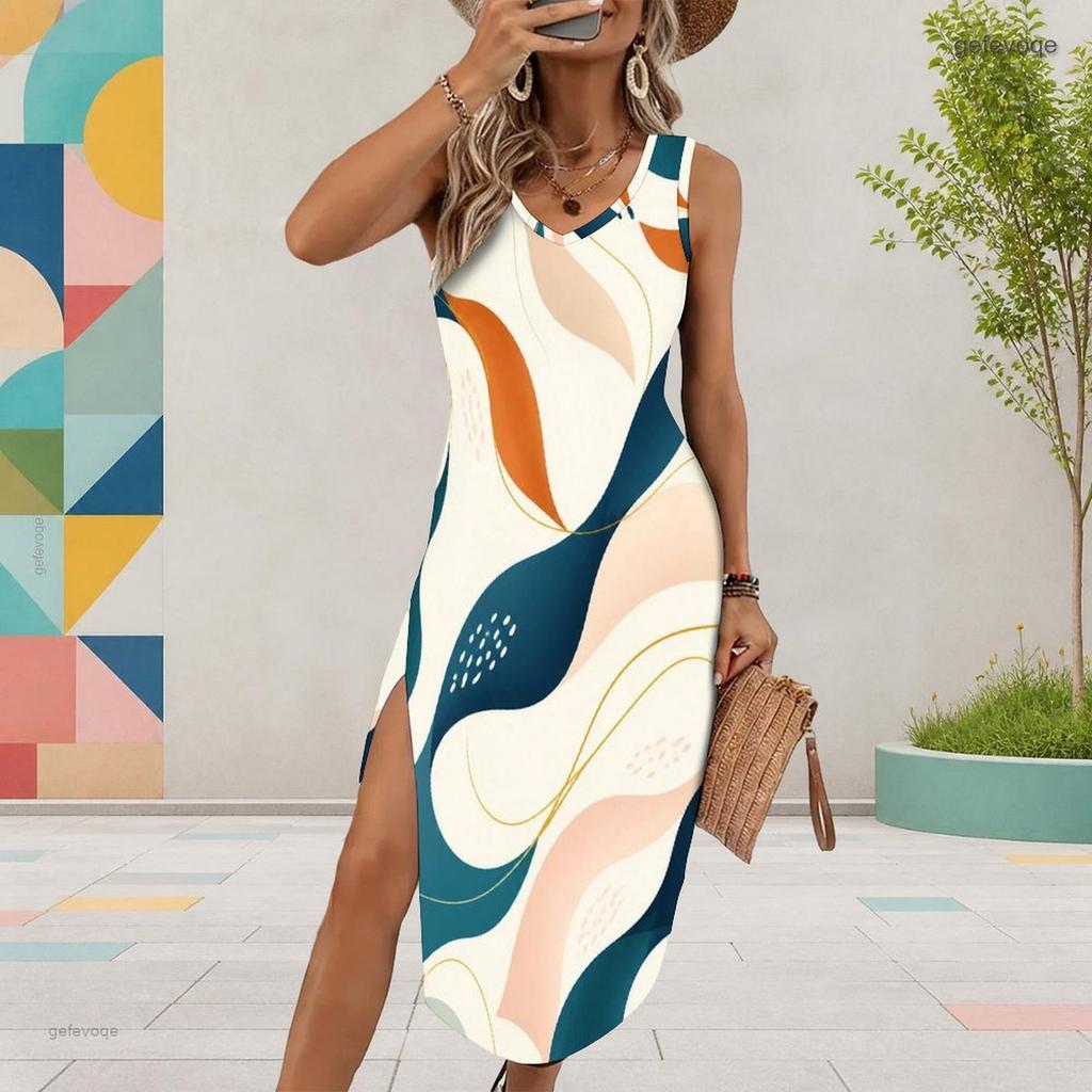 Women Plus Size Sleeveless U Neck Abstract Printed Side Slit Casual Dress