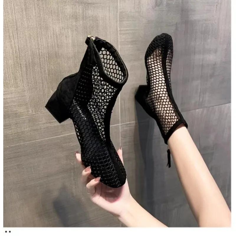 fashion 2024 New Mesh Women Boots Sandals Shoes Summer Ankle Boots Chunky Middle Heels Sexy Sandal Chelsea Boots Female Black Sandales