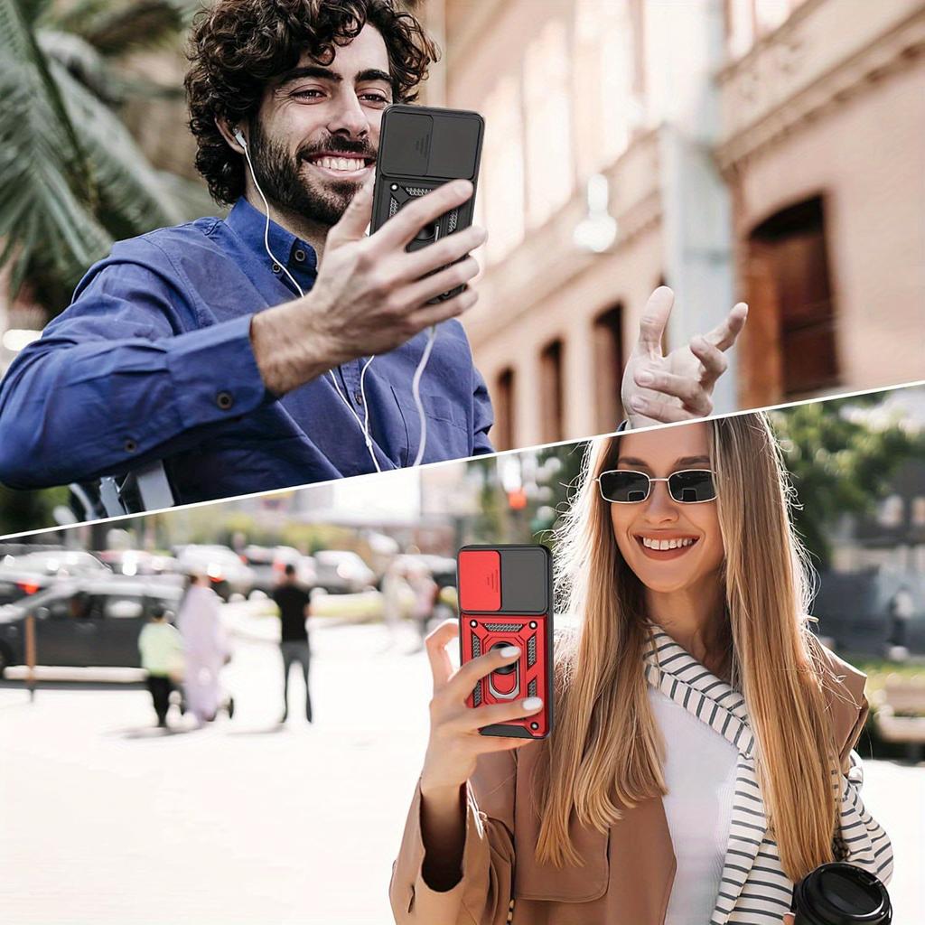 Schutzhülle für Samsung Galaxy S25 S24 Ultra S23 Plus S22 S21 S20 FE 5G mit einem Displayschutz aus gehärtetem Glas, Ring-Kickstand, Schiebekameraabdeckung