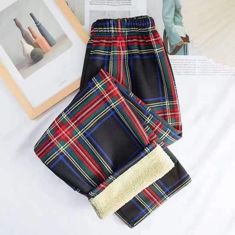 Women's Lambswool Plaid Fleece-Lined High-Waisted Loose Straight-Leg Wide-Leg Pants for Autumn/Winter 2025