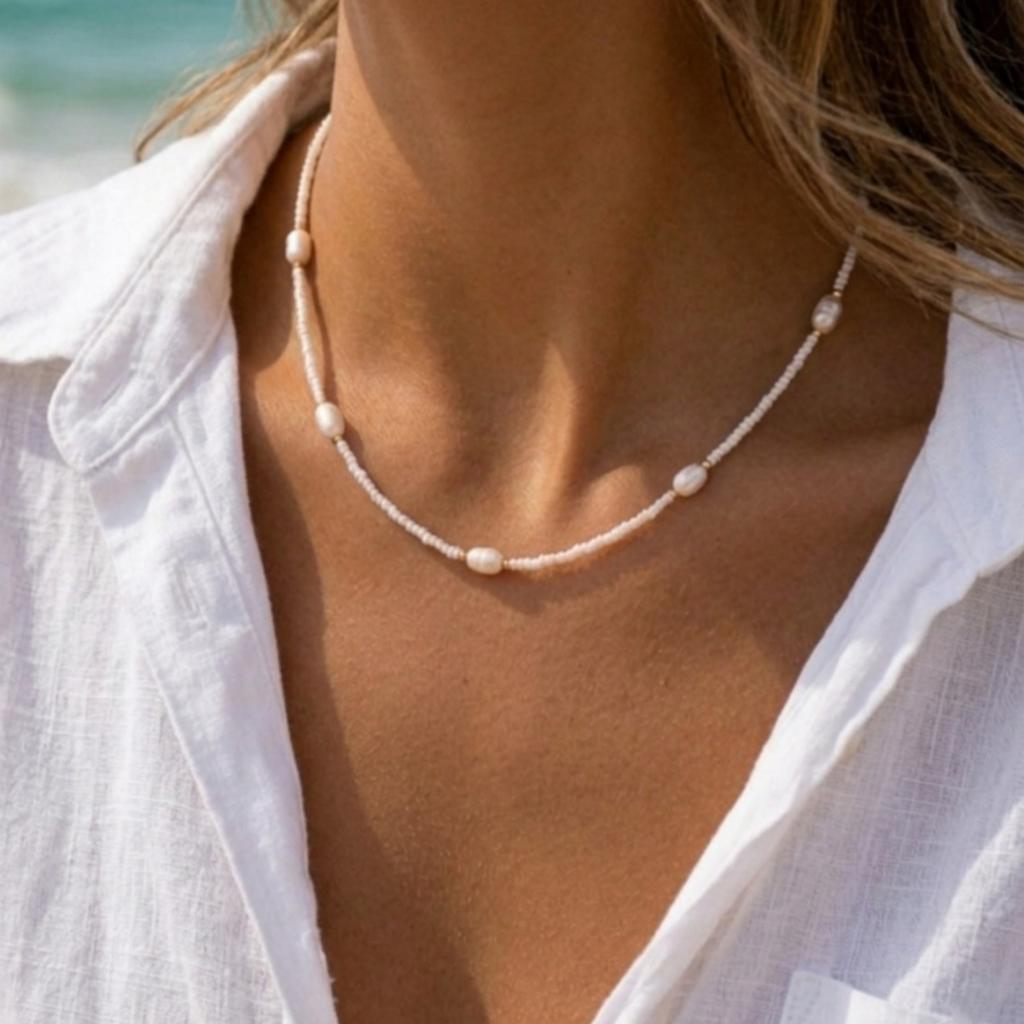 European, American Bohemian retro imitation pearl woven rice bead necklace, simple temperament, Thanksgiving gift vacation accessories