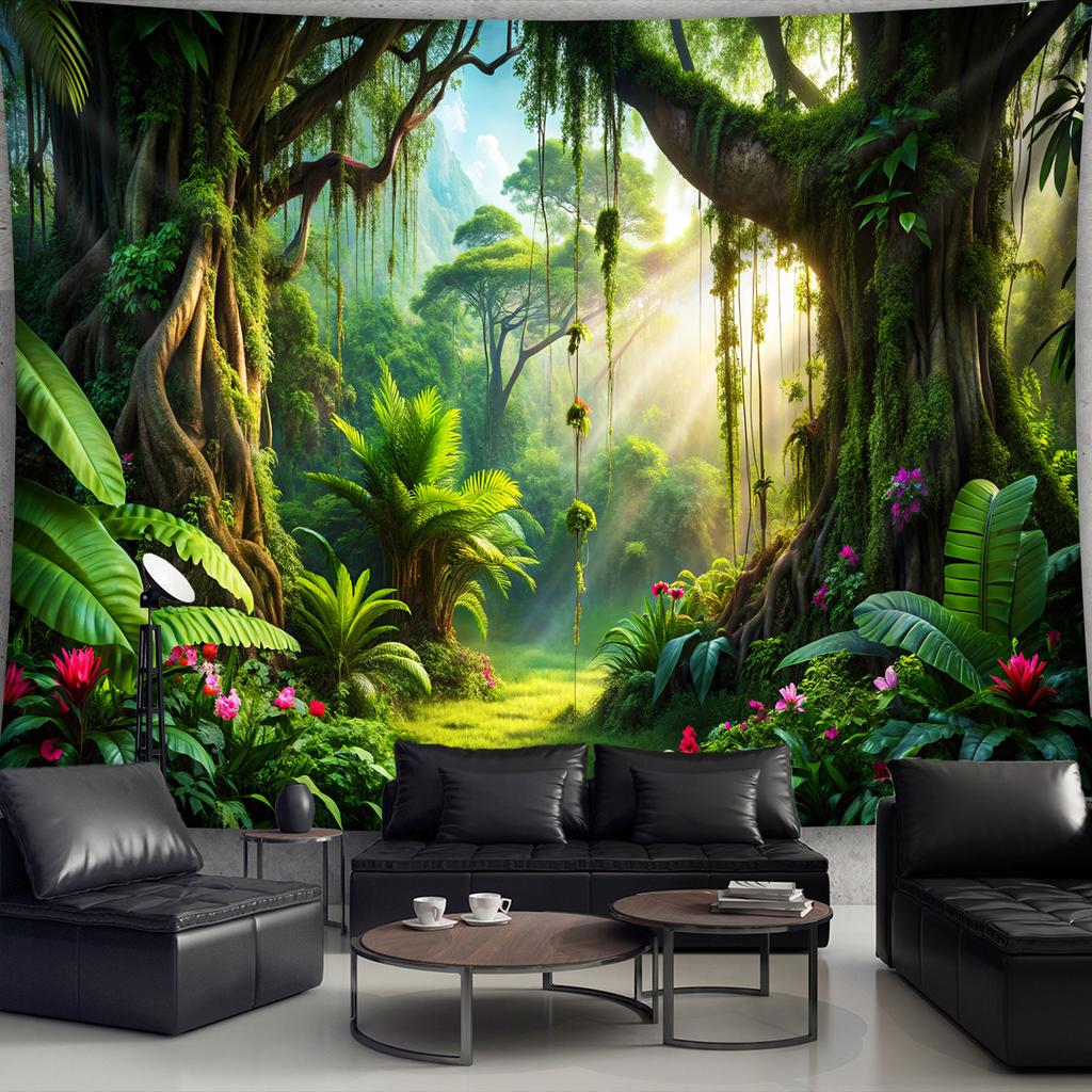 Tropischer Regenwald Wandteppich, Üppiger Dschungel mit Sonnenlicht und Wasserfall, Naturlandschaft Wandkunst für Wohnzimmer Schlafzimmer Dekoration