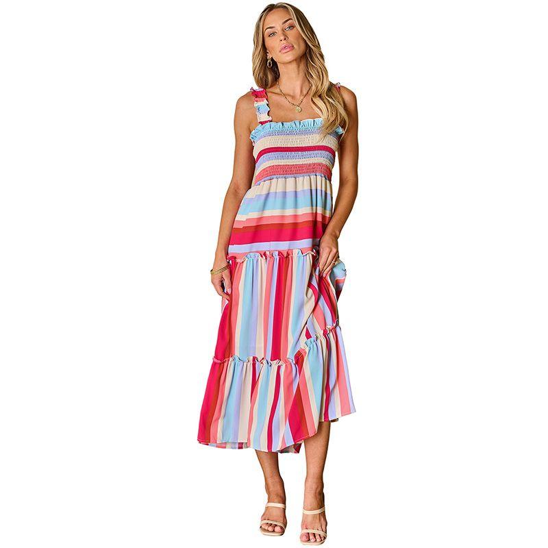 

Summer New Arrival Color Stripes Sleeveless Dress Women 2024 European and American Leisure Loose Contrast Color Stitching Midi Dress Women