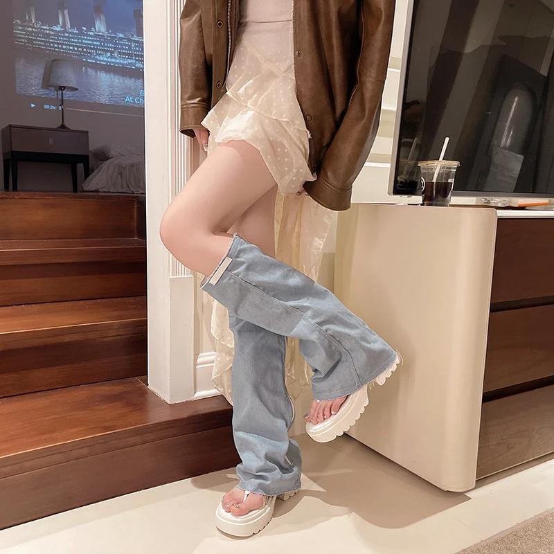Women's Fashion Boots Summer Thin Bottom Clip Toe Sandals Denim Pants Pipe Boots Comfortable Open Toe Height Increasing Sandals