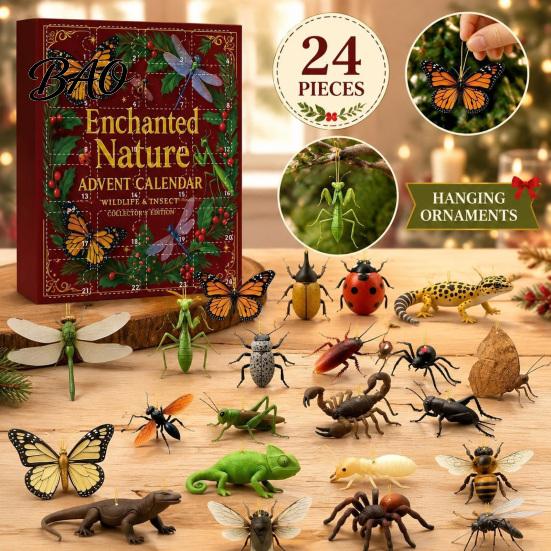 Unique Unboxing Experience 24-Day Christmas Countdown Calendar Box with 24 Insect And Reptile Acrylic Ornaments, 2D Creative Holiday Gifts Flat Animal