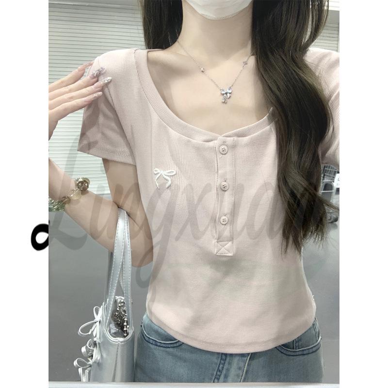 

Spring/Summer Korean Sweet Square Neck Bow Embroidery Candy Color Casual T-Shirt L рожевий