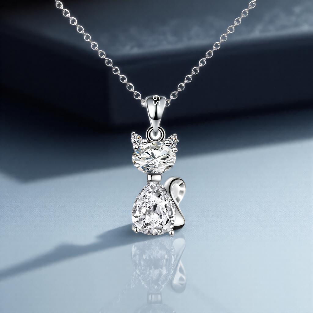 Aqua Blue Pink White Zircon Small Cat Pendant Cute Animal Necklaces For Women Trendy Silver Color Chain Necklace Wedding Jewelry