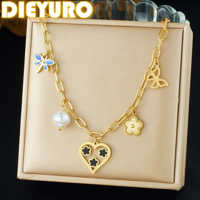 DIEYURO 316L Stainless Steel Creative Design Cute Flower Hollow Heart Butterfly Dragonfly Necklace Lady New Classic Neck Chain
