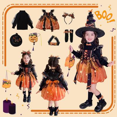 Kinder Leuchtendes Kürbis Hexe Cosplay Kostüm für Halloween und Kindergartenaufführung