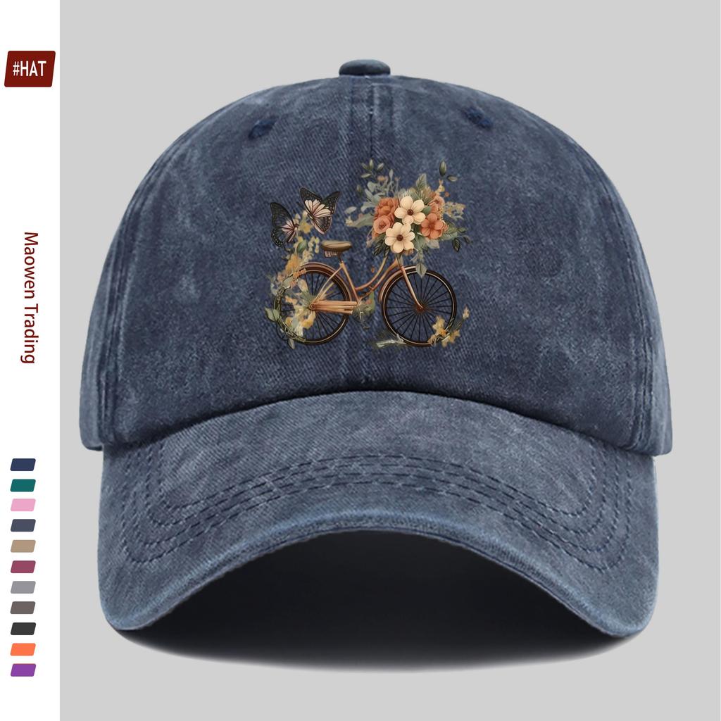Pc Pcs Adjustable Vintage Washed Trucker Cap with Bicycle Print  Floral Butterfly Design  Lightweight Suitable for Men  Wom