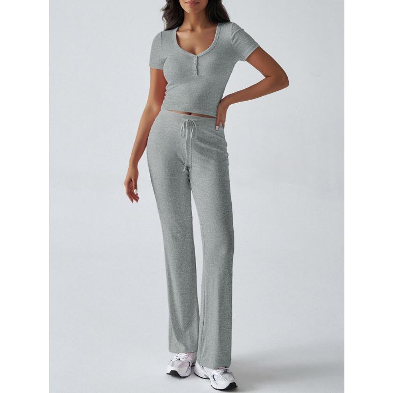 Letní dámské sportovní ležérní tričko s výstřihem do U a kalhoty s pletenými kalhotami ve stylu Y2K