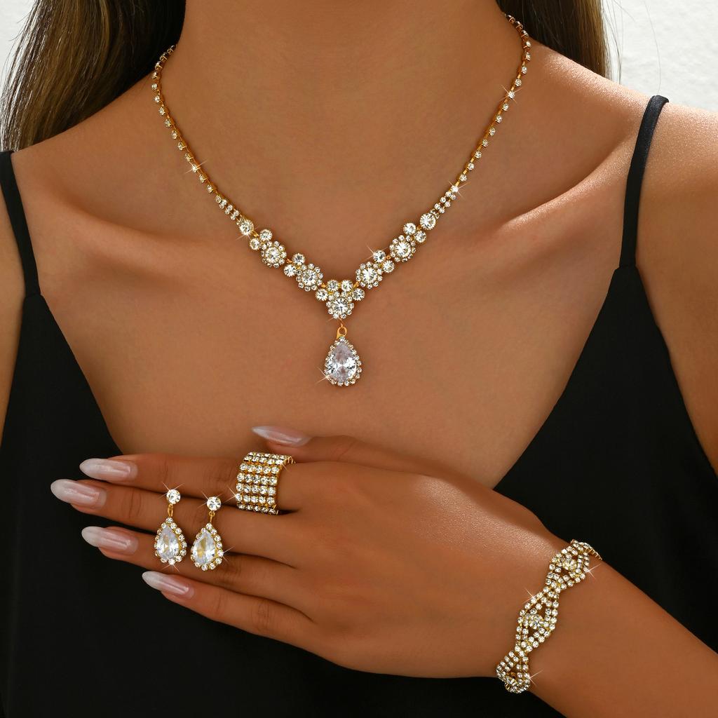 Luxury-lite Zirconia Necklace, Earrings, Bracelet and Ring Set - Fashionable and Exquisite