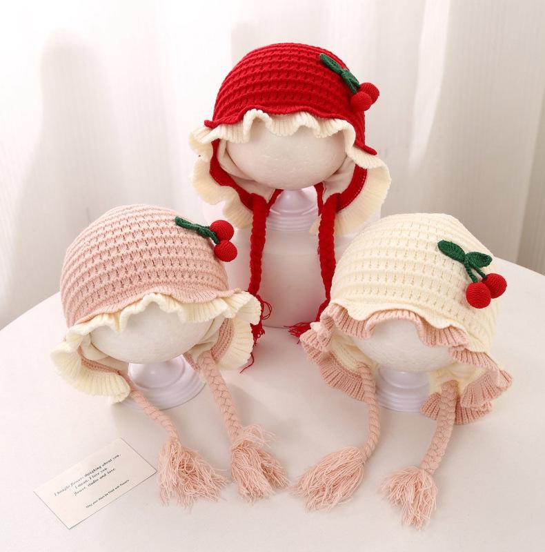 Cozy Cherry Princess Knitted Baby Hat with Ear Protection - Perfect for Autumn and Winter