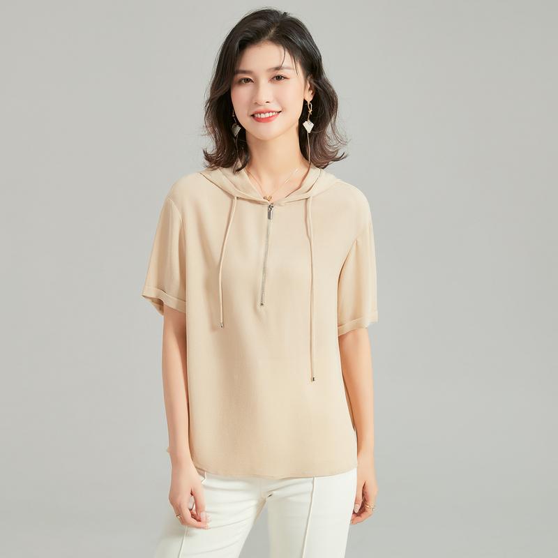 100% Silk Ghost Crepe Short Sleeve Summer Fashion Hooded Collar Half Open Solid Color Mulberry Silk T-shirt for Women