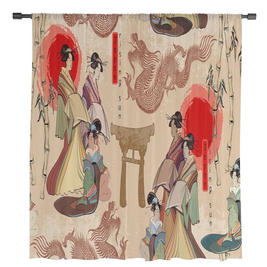 Japan Red Sun Geisha Woman Dragon Bamboo Šifon Průsvitné závěsy do obývacího pokoje Ložnice Dekor Okno Voál Tyl Závěsy na záclony