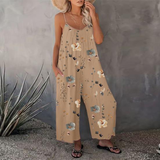 Summer Women Jumpsuit Adjustable Spaghetti Strap Backless Sleeveless Wide Leg Loose Floral Print Deep Crotch Side Pockets Pleated Vacation