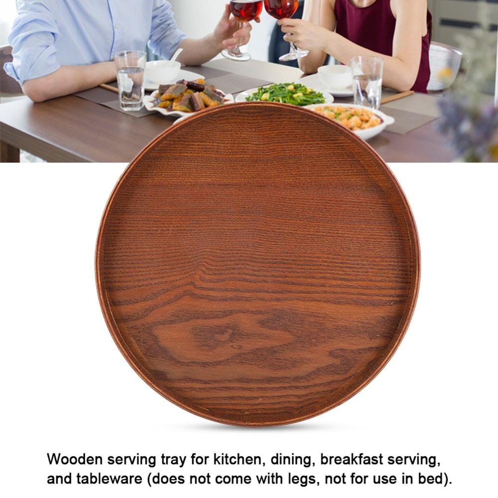 Round Shape Wooden Plate Brown Tea Tray Coffee Serving Wood Serving Tray  Home Kitchen