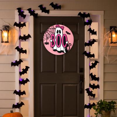Halloween Wooden Pendant Sign Wooden Pink Ghost BOO Door Decor Fall Farmhouse Outdoor Porch Decoration