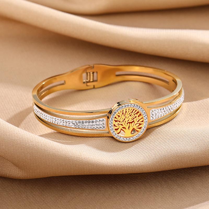 Hollow Tree Bracelet Full CZ Round Stainless Steel Color-preserving Jewelry,Women Men Gold-color Cubic Zircon No Fade Color
