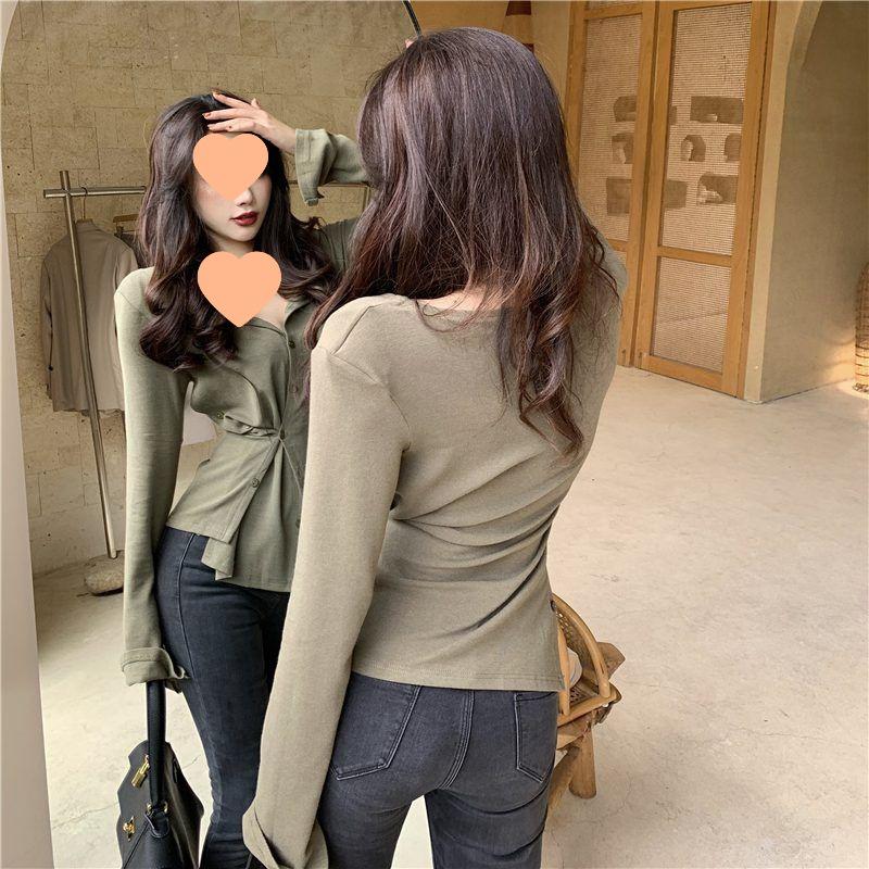 2023 Women's Autumn Korean Style Long-Sleeve Knit T-Shirt with Padded Shoulders, Slim Fit