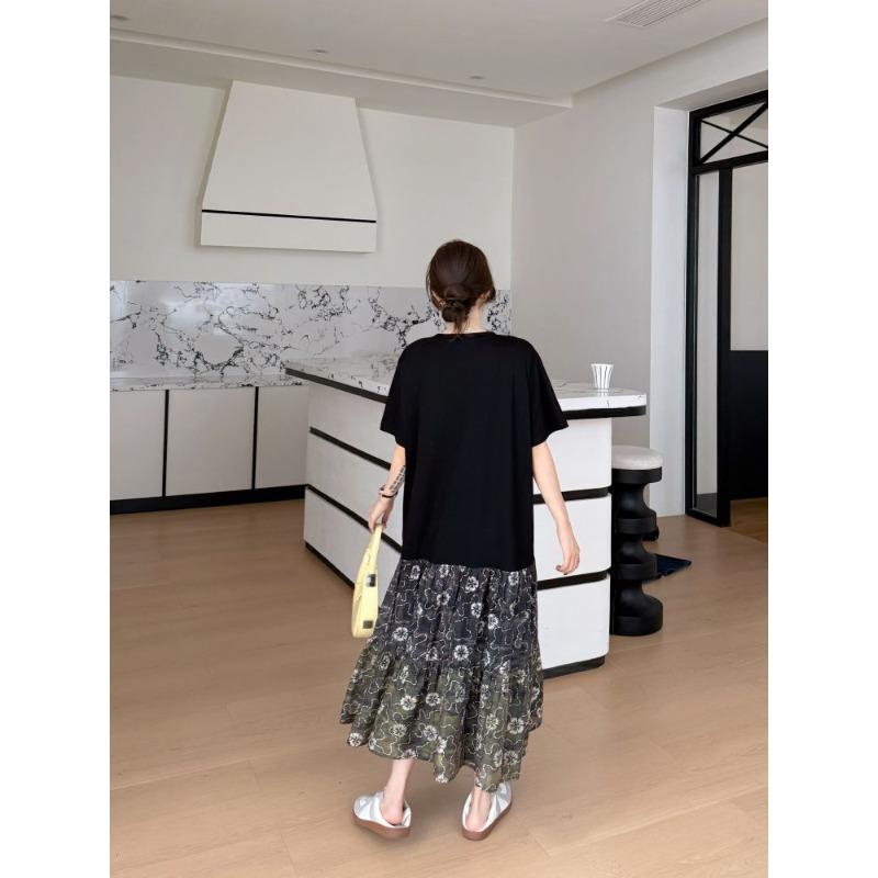DIMANAF 2026 Plus Size New Dress Summer Women Beach Shirt Dress Black Floral Loose Casual Long Dresses O-Neck