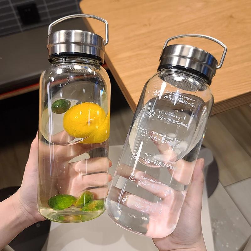 1000ml Glaswasserflasche Große Kapazität Mit Zeitmarkierung Deckel Für Wasser Trinken Outdoor Tragbar transparent Milchsaftbecher