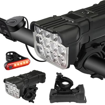 2Pcs Bicycle Light USB Rechargeable Power Display Super Bright Lightweight Adjustable Night Riding Road Mountain Bike Horn Headlight 12 LED Tail Lamp