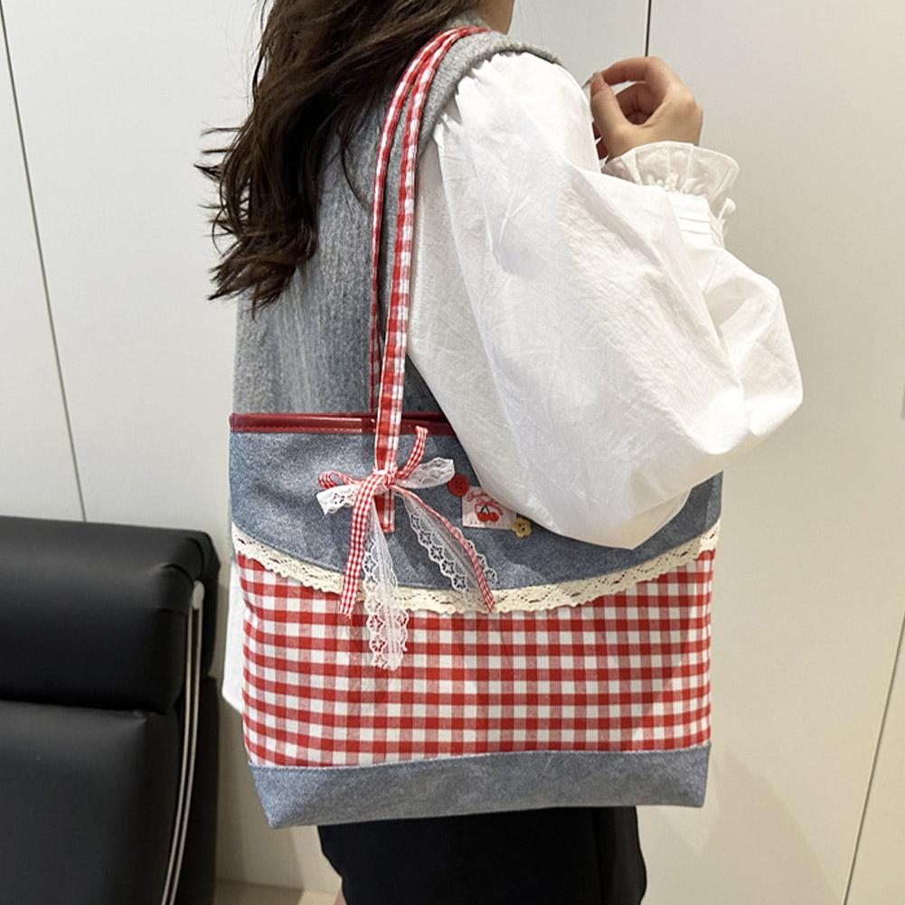 New Korean Style Women's Bag Retro Lattice Casual Plaid Underarm Bag Fashionable  Sweet Bowknot Large Capacity Shoulder Tote Bag
