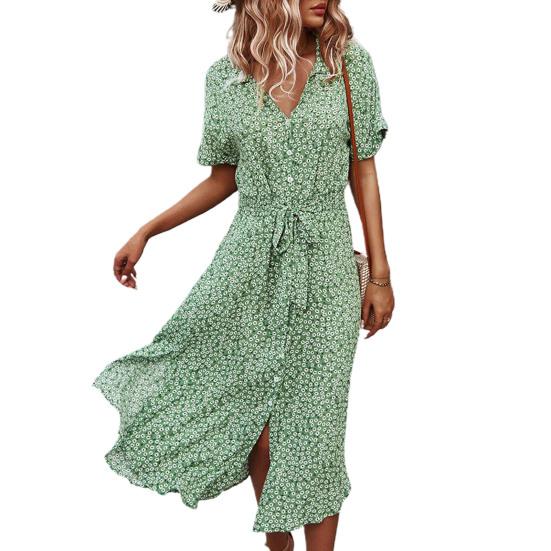 

Платье-рубашка, универсальное платье до середины икры с лацканами, привлекательное красивое элегантное платье с цветочным узором, повседневная одежда S светло-зеленый