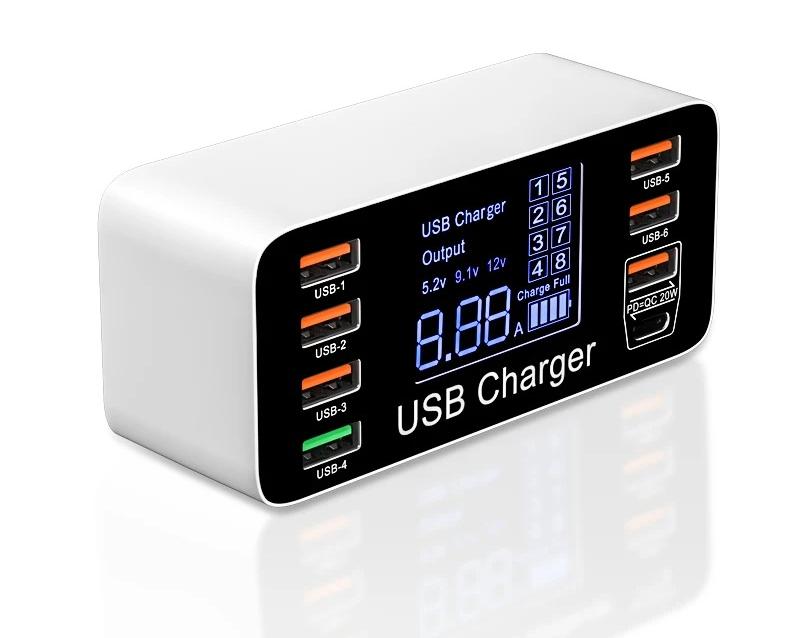 Φορτιστής USB Γρήγορης Φόρτισης 8 Θυρών QC3.0 Γρήγορη Φόρτιση Type C Έξυπνος Σταθμός Φόρτισης Ψηφιακή Οθόνη LCD USB Πολλαπλών Θυρών για Τηλέφωνο
